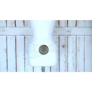 Vintage 90s wide white crackle faux leather metal medallion bohemian gypsy India